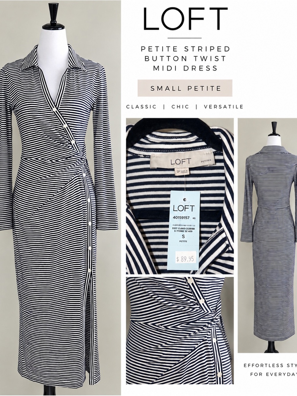 LOFT Petite Striped Button Twist Midi Dress Black White S NWT